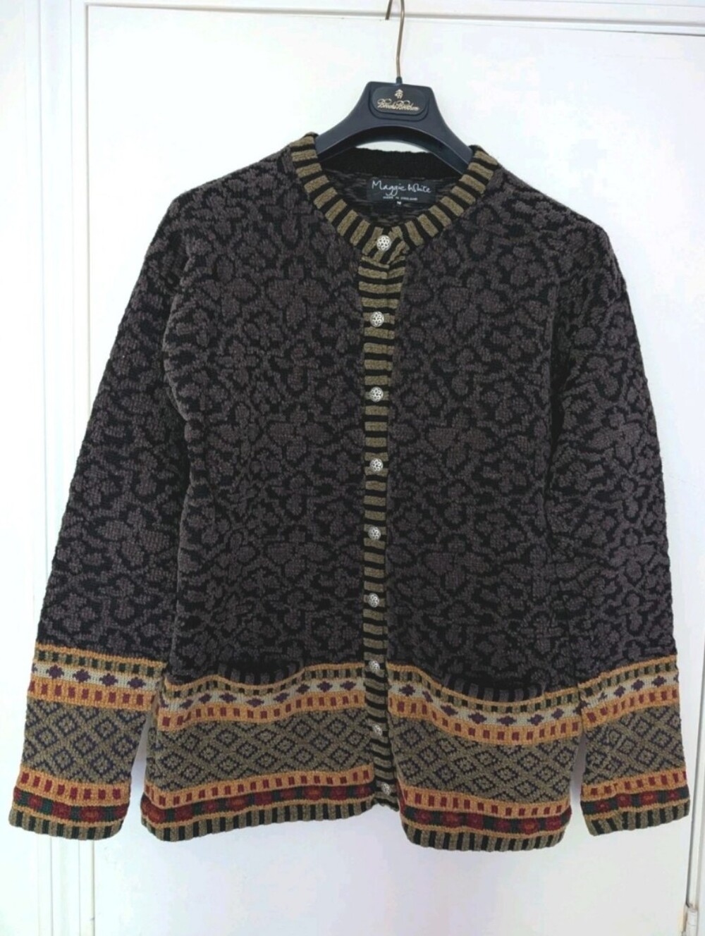 Vintage Maggie White Made in England Textured Geometric Cardigan Sweater Sz M
